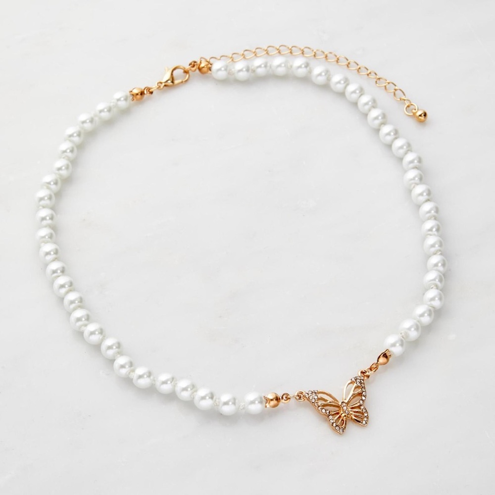 Gold Butterfly Fairy Pearl Choker Necklace